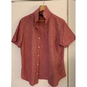 Red Cotton and Linen Blend Button Down